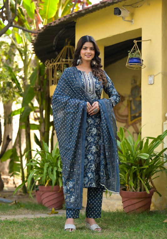 Blue Printed Straight Kurta Set with Bottom Wear and Dupatta