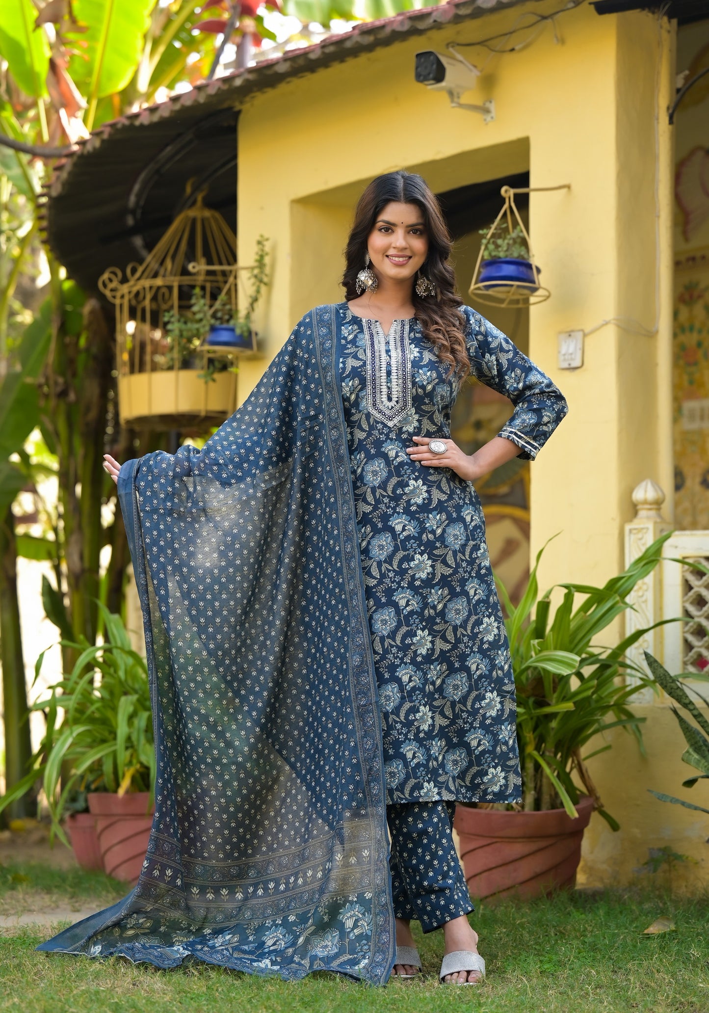 Blue Printed Straight Kurta Set with Bottom Wear and Dupatta