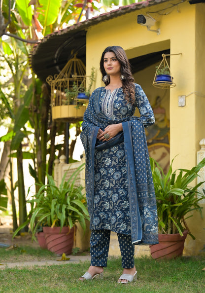 Blue Printed Straight Kurta Set with Bottom Wear and Dupatta