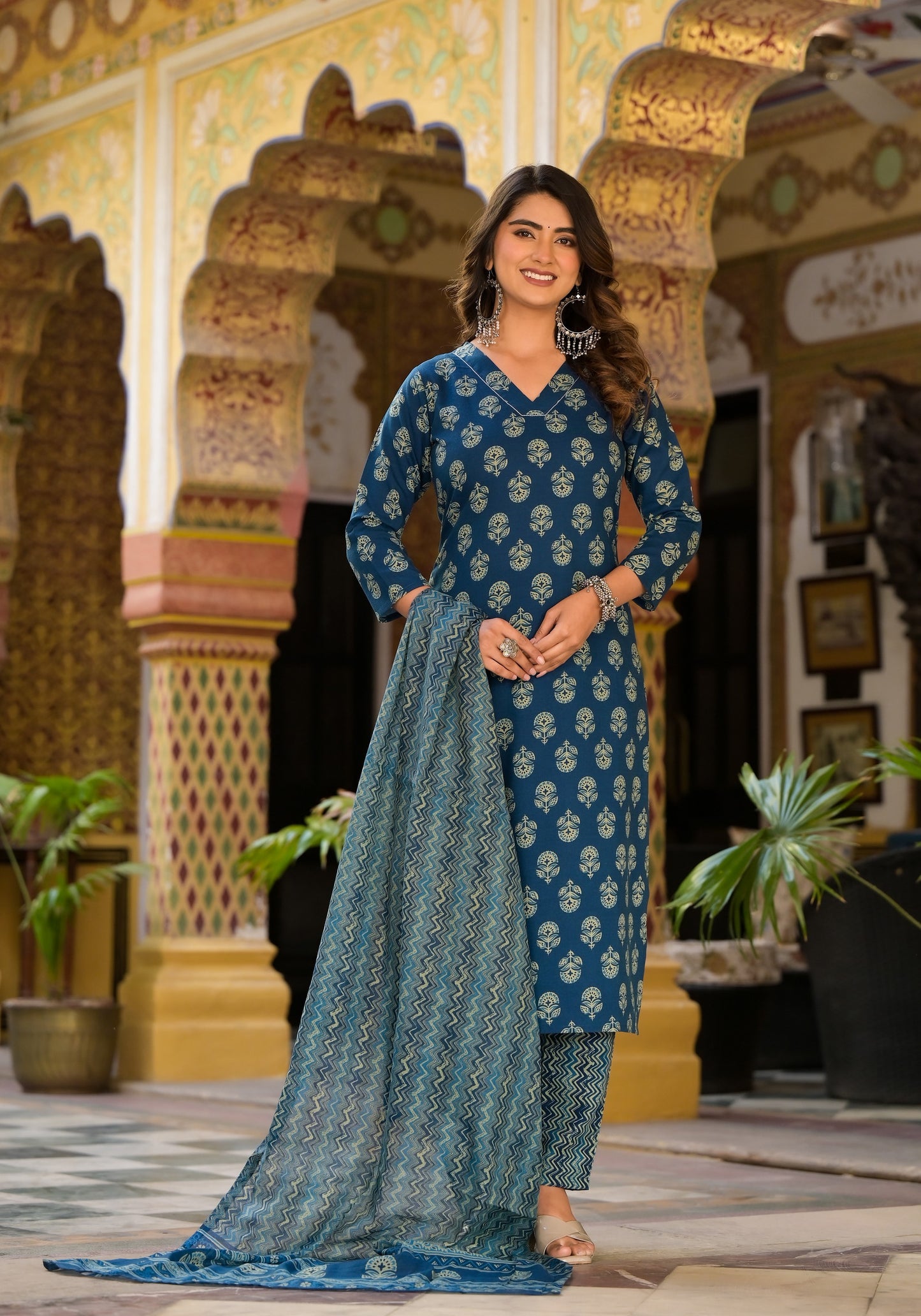 Block Printed Teal Blue Kurta Set with Bottom Wear and Dupatta