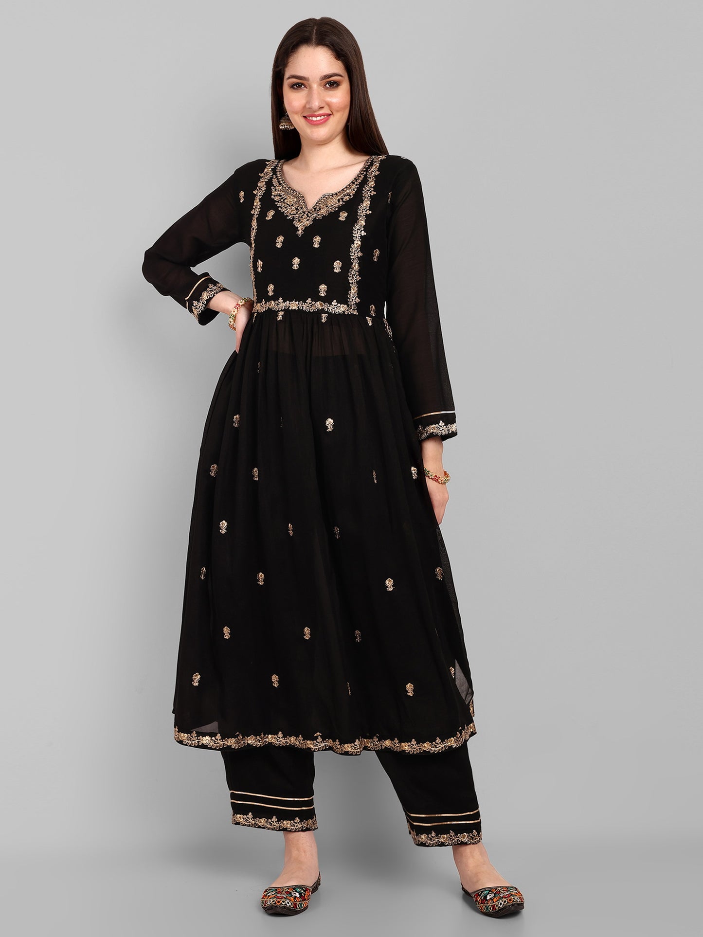 Women Embroidered Vichitra Silk kurta Pant set in Black Color