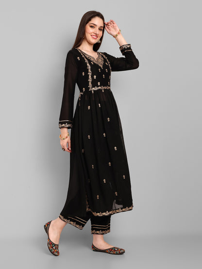 Women Embroidered Vichitra Silk kurta Pant set in Black Color