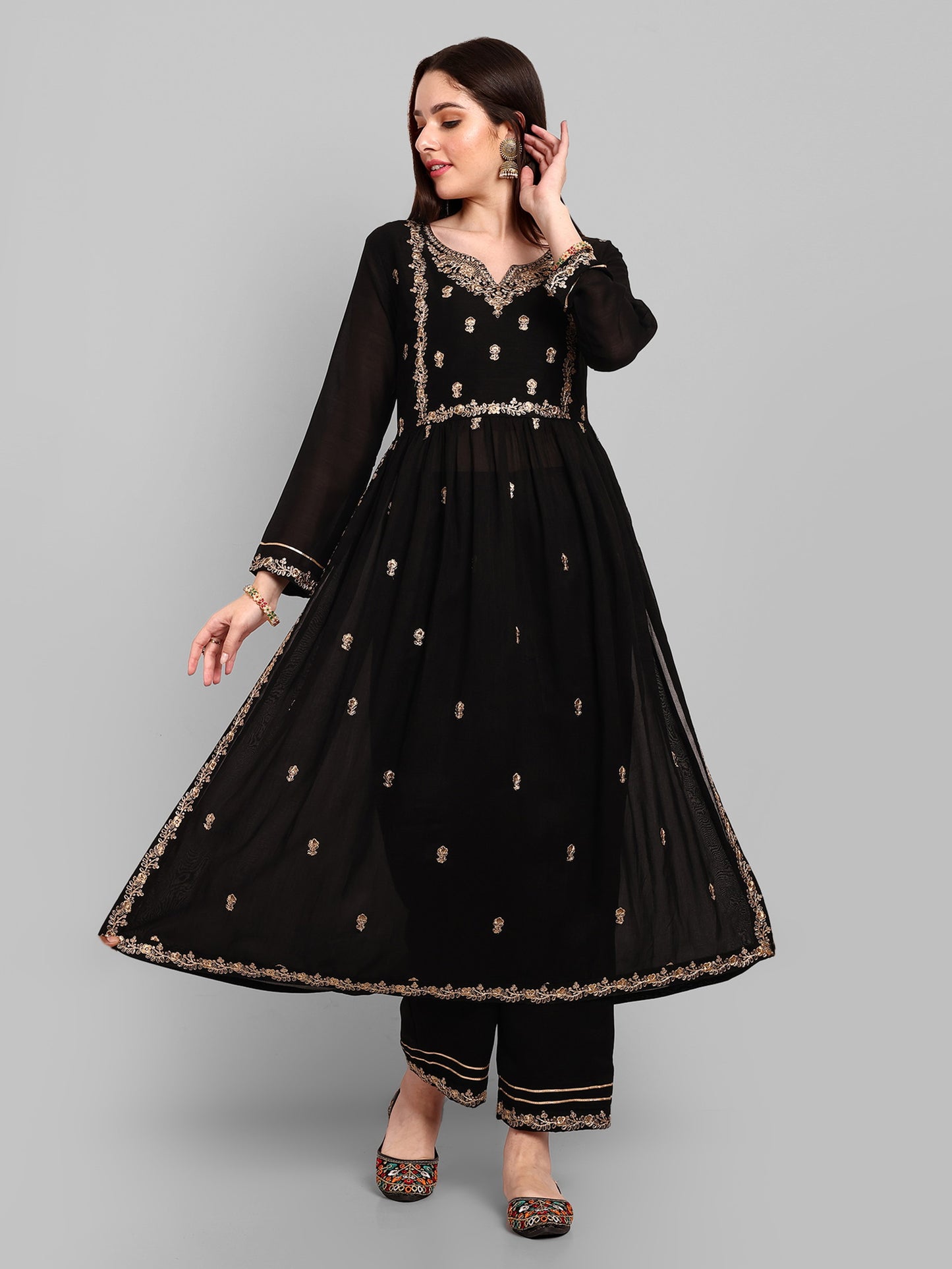 Women Embroidered Vichitra Silk kurta Pant set in Black Color