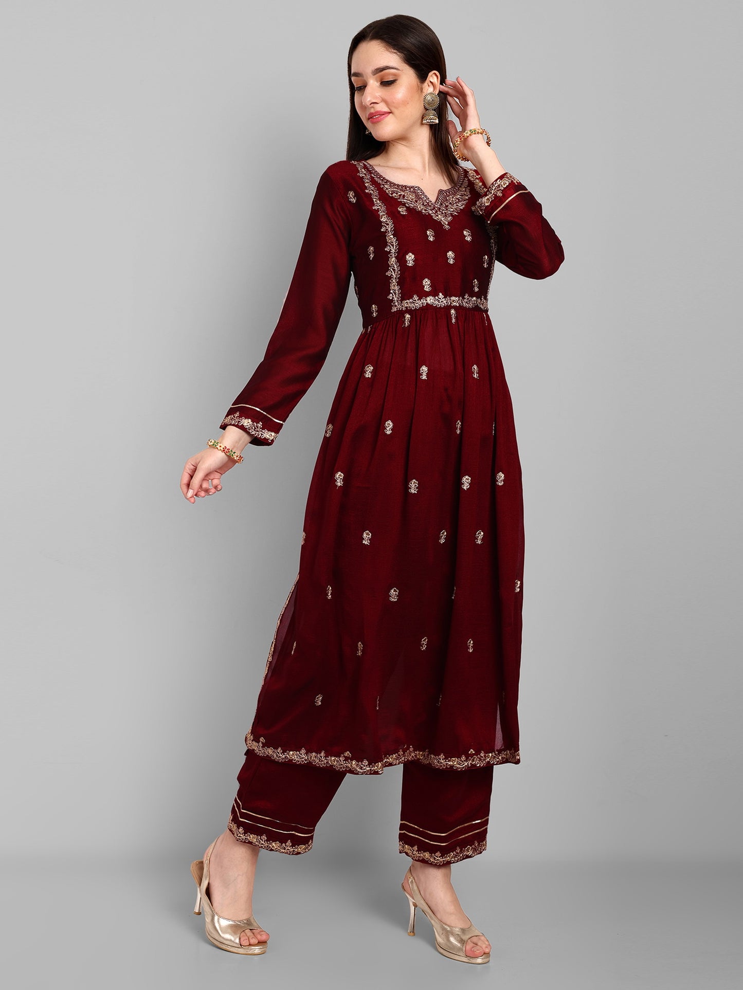 Women Embroidered Vichitra Silk kurta Pant set in Maroon Color