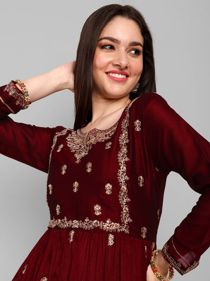 Women Embroidered Vichitra Silk kurta Pant set in Maroon Color