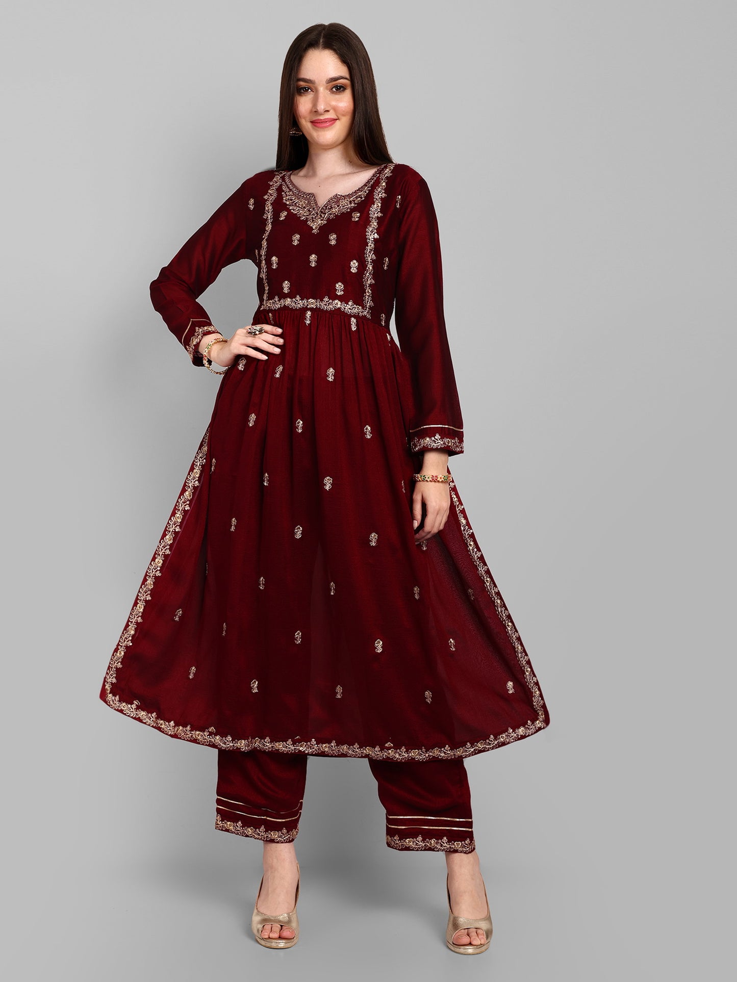 Women Embroidered Vichitra Silk kurta Pant set in Maroon Color