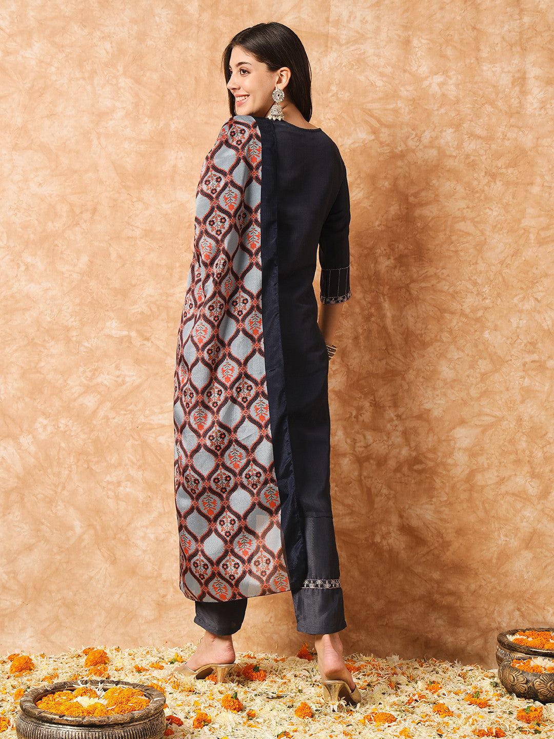 Designer Sequence Embroidery Work Chinon Kurta with Trousers & Dupatta