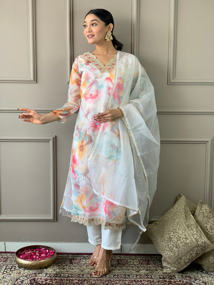 Floral Design Off White Kurta Set with Bottom and Dupatta