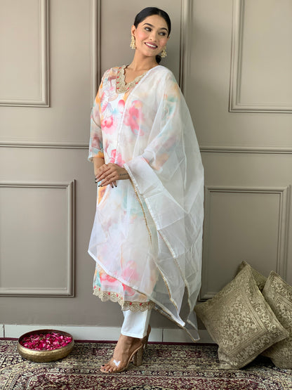 Floral Design Off White Kurta Set with Bottom and Dupatta