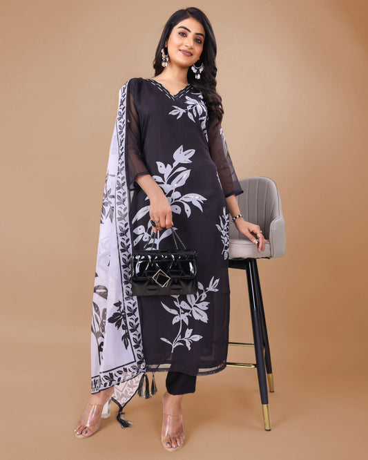 Floral Design Black Kurta Set with Bottom and Dupatta