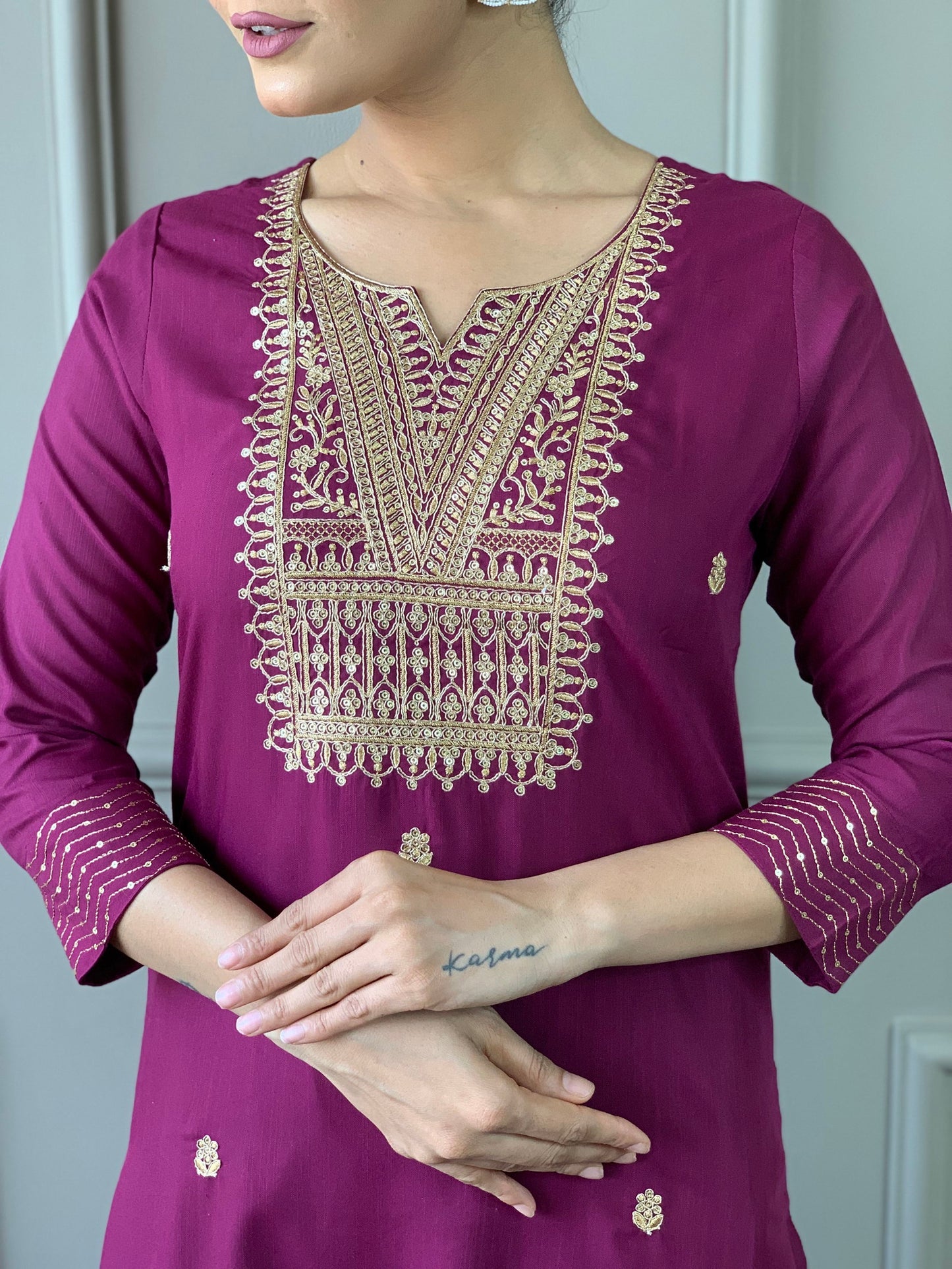 Women Embroidered Rayon Slub Straight Kurta With Pant Dupatta Set