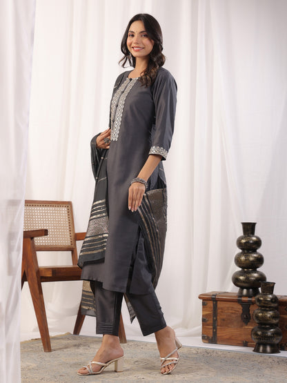 Grey Embordered A Line Kurta Set With Dupatta