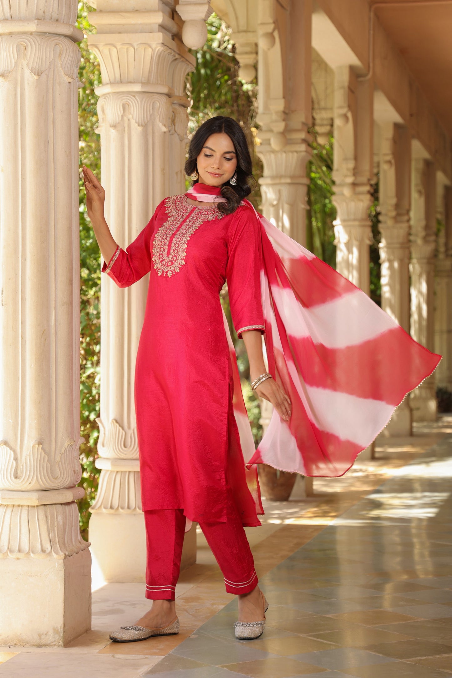 Fuchsia Pink Embroidered Designer Kurta With duppata and Bottom