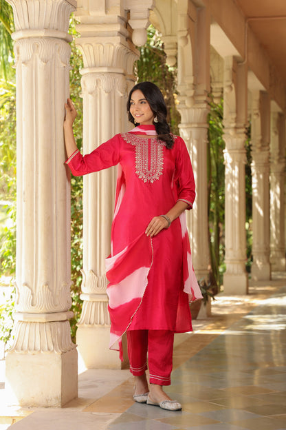 Fuchsia Pink Embroidered Designer Kurta With duppata and Bottom