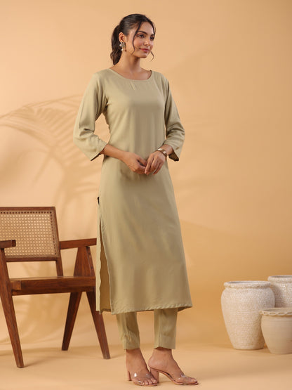 Beige Boat Neck Straight Kurta with Trousers