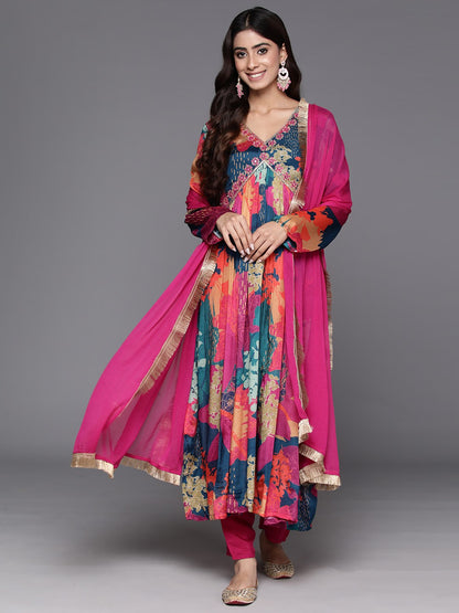 Women Floral Print Flared Kurta with Pants And Dupatta