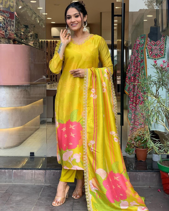 Yellow Beautiful and Simple Straight Kurta Set with Bottom and Dupatta