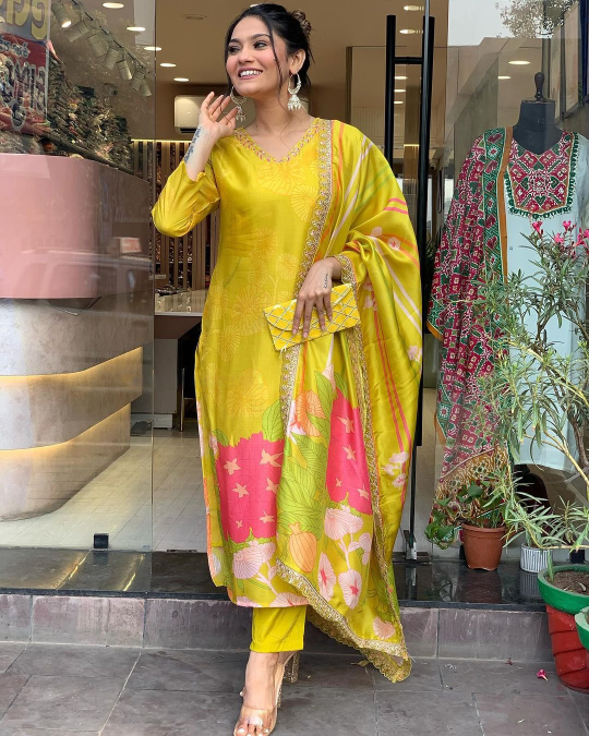 Yellow Beautiful and Simple Straight Kurta Set with Bottom and Dupatta