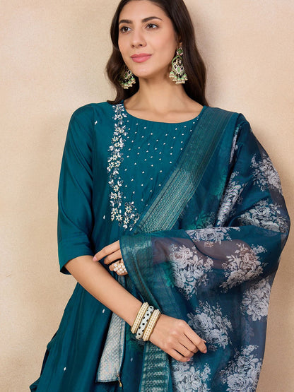 Beautiful Teal Blue Embroidered Kurta Set with Bottom Wear and Dupatta