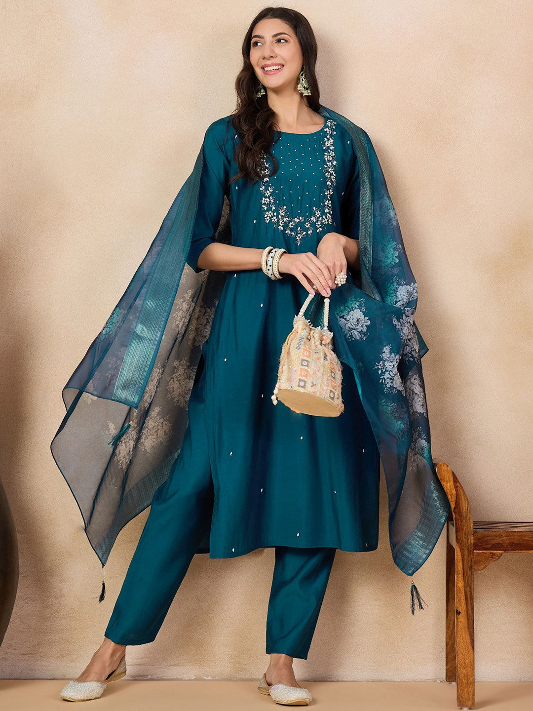 Beautiful Teal Blue Embroidered Kurta Set with Bottom Wear and Dupatta