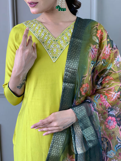 Lemon Yellow Viscose Silk Straight Kurta with bottom and dupatta