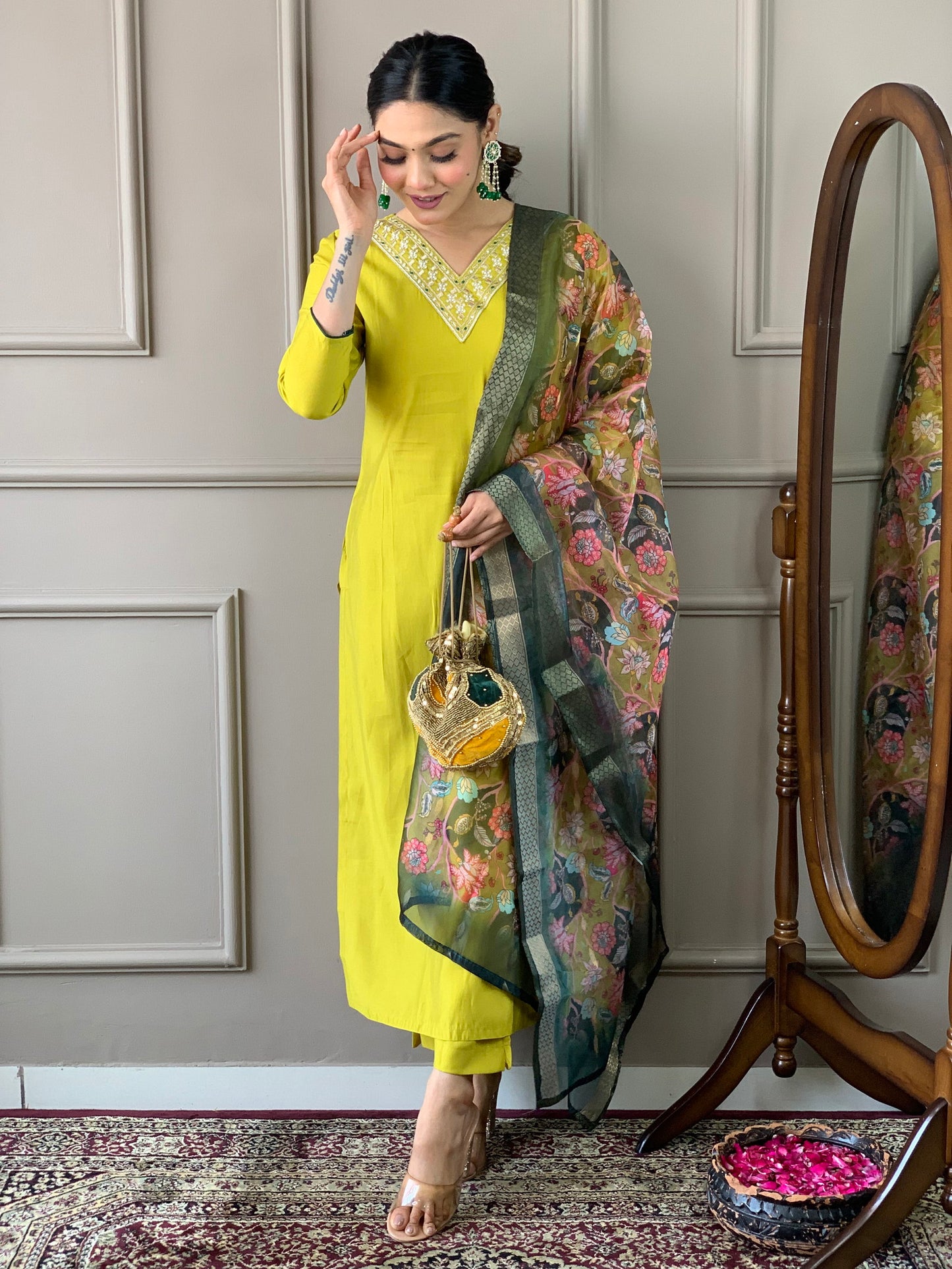 Lemon Yellow Viscose Silk Straight Kurta with bottom and dupatta