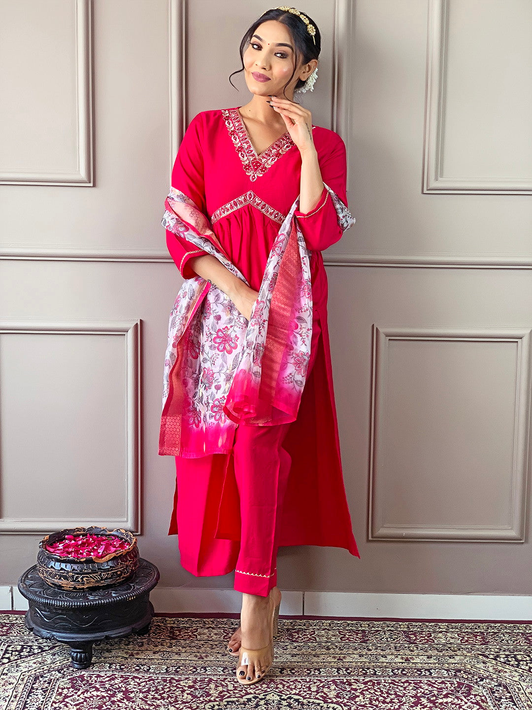 Alia Designe  Kurta set with Knee Bottom Pant and Floral Dupatta