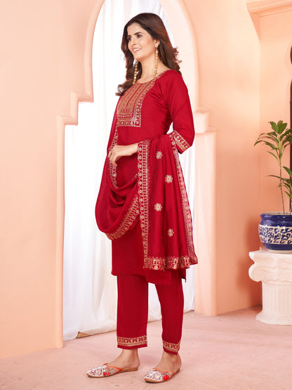 Maroon Embroidered Kurta set With Bottom Wear and Dupatta