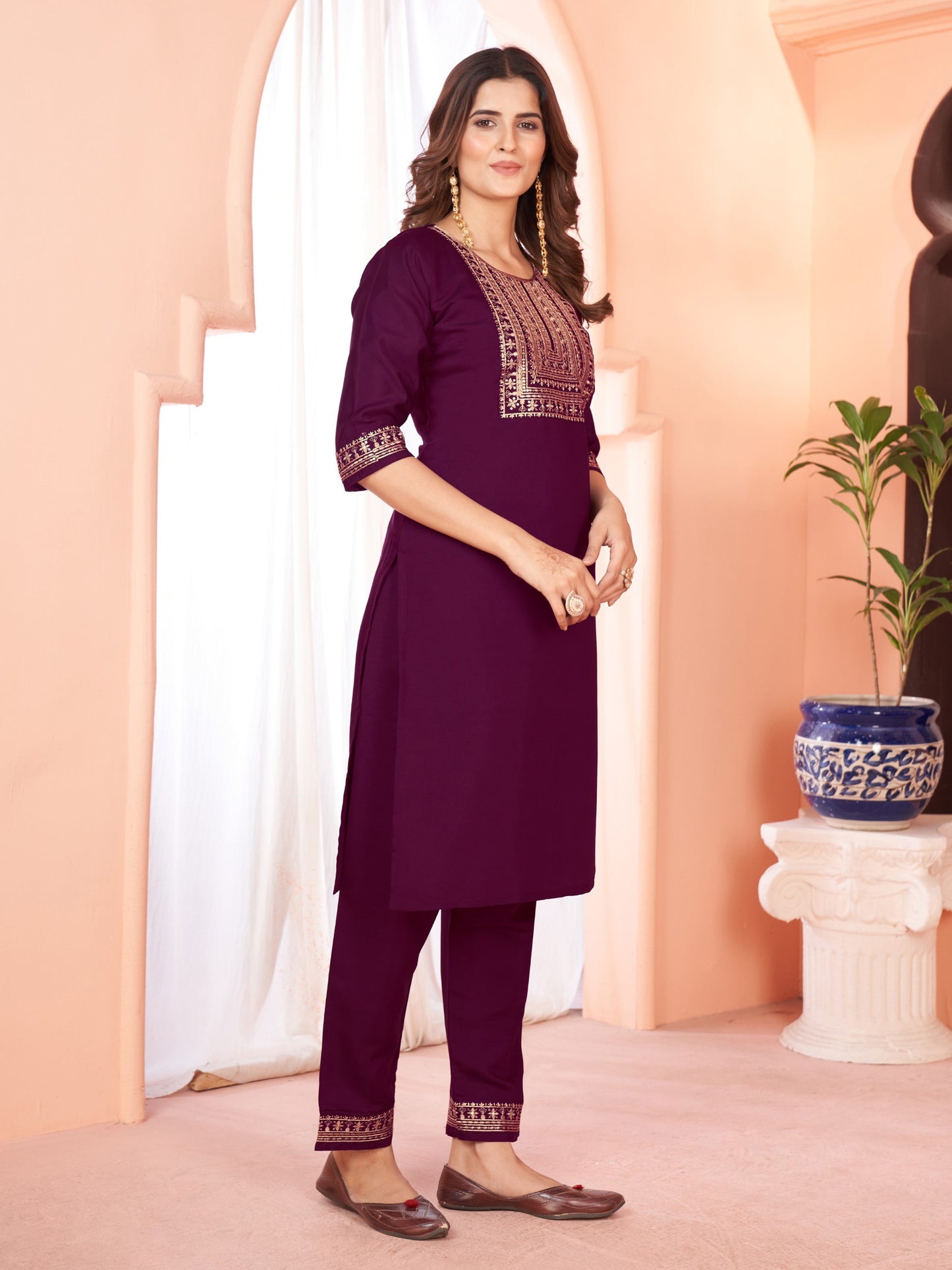 Wine Embroidered Kurta set With Bottom Wear and Dupatta