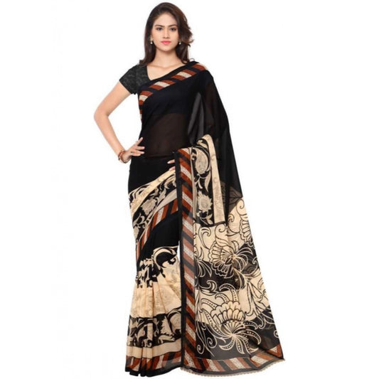 Printed Faux Georgette Black Color Saree