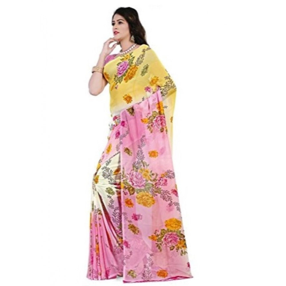 Printed Faux Georgette Pink Color Saree