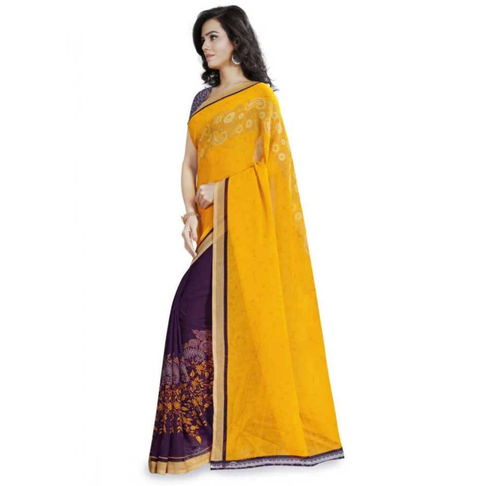 Printed Faux Georgette Yellow Color Saree