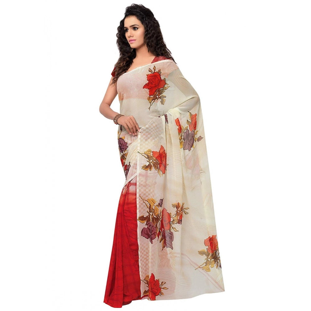 Printed Faux Georgette Red Color Saree