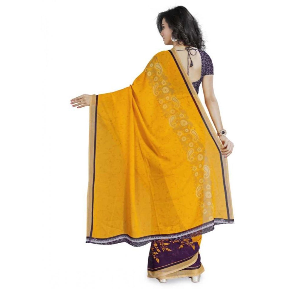 Printed Faux Georgette Yellow Color Saree