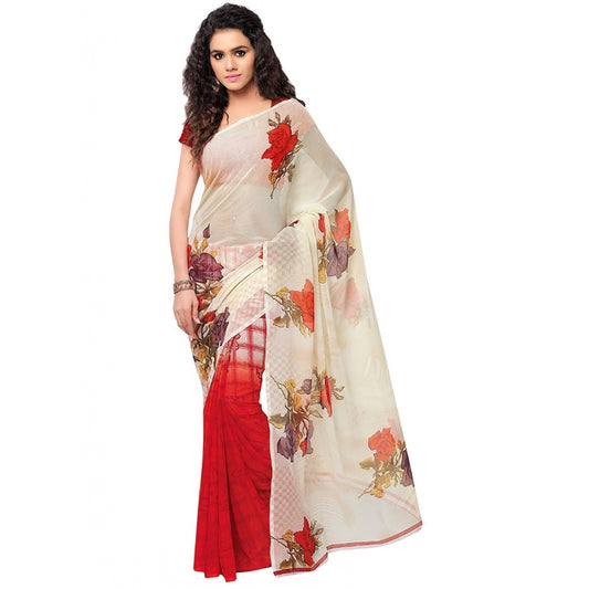 Printed Faux Georgette Red Color Saree