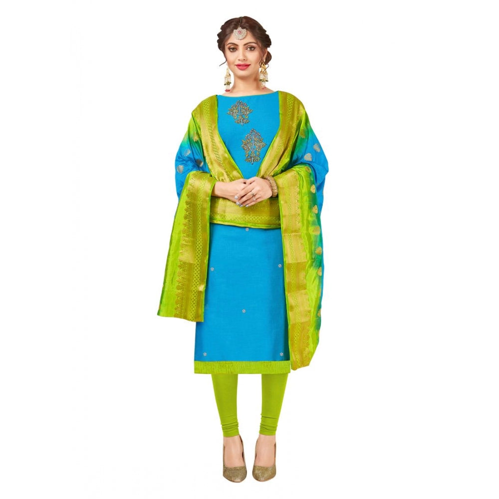 Generic Women's South Slub Cotton Unstitched Salwar-Suit Material With Dupatta (Sky Blue, 2-2.5mtrs)