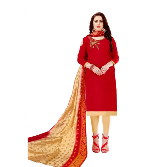 Generic Women's Slub Cotton Unstitched Salwar-Suit Material With Dupatta (Red, 2-2.5mtrs)