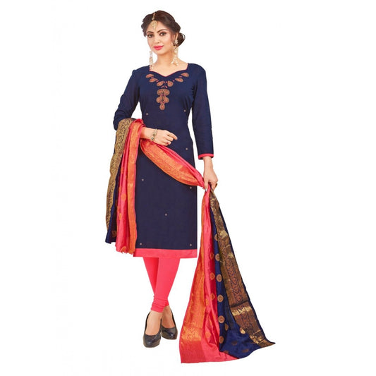 Generic Women's South Slub Cotton Unstitched Salwar-Suit Material With Dupatta (Navy Blue, 2-2.5mtrs)