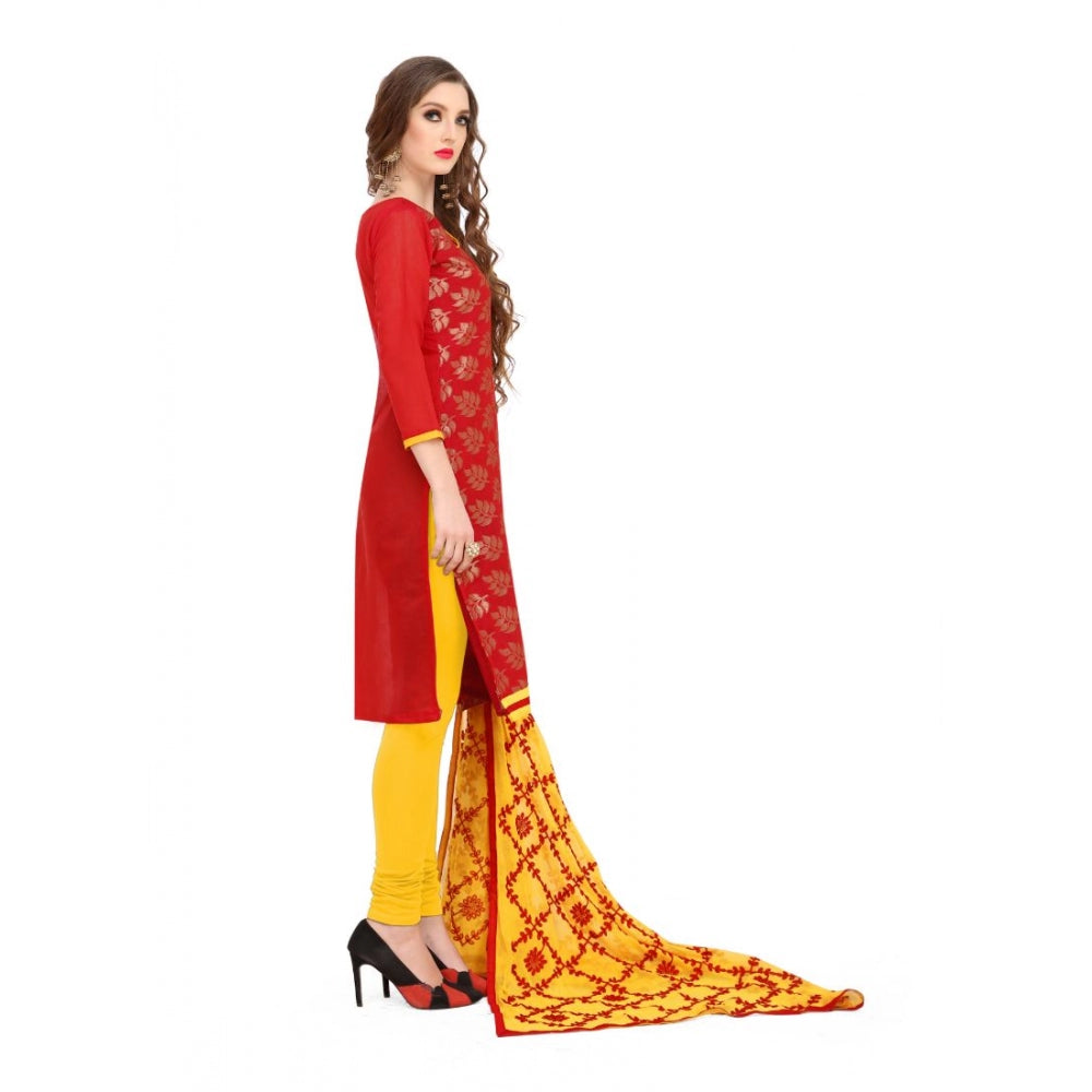 Generic Women's Banarasi Jacquard Unstitched Salwar-Suit Material With Dupatta (Red, 2-2.5mtrs)