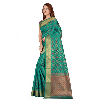 Women's Kanjivaram Silk Saree with Blouse (Green, 5-6 Mtrs)