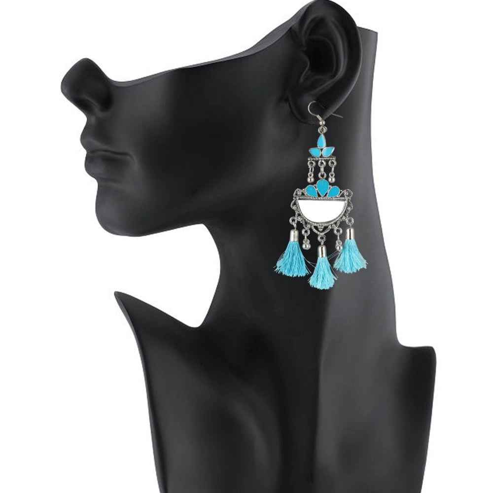 Generic Women's Oxidized Silver plated Firoji Tassels Earrings-silver, Blue