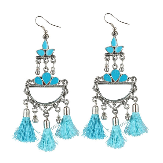 Generic Women's Oxidized Silver plated Firoji Tassels Earrings-silver, Blue