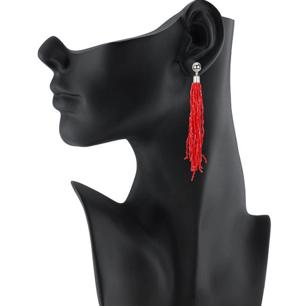 Generic Women's Alloy, Beads Hook Dangler Hanging Earrings-Red