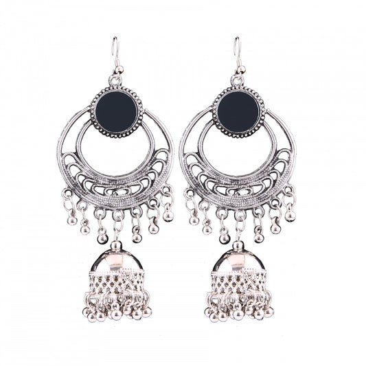 Generic Women's Silver Oxidized Hook Dangler Hanging Afgani Tribal Fancy Earrings-Silver