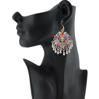 Generic Women's Oxidize Silver plated Hook Dangler Hanging Afgani Earrings-Multicolour