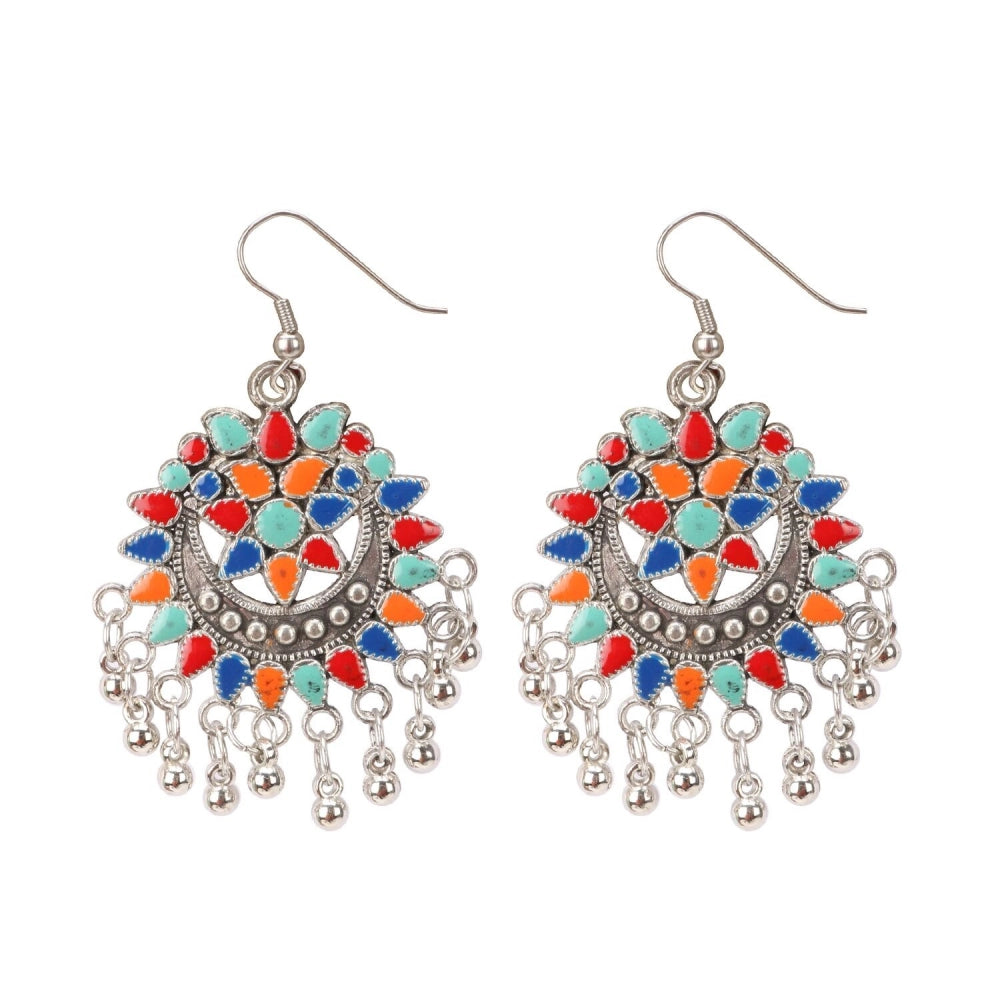 Generic Women's Oxidize Silver plated Hook Dangler Hanging Afgani Earrings-Multicolour