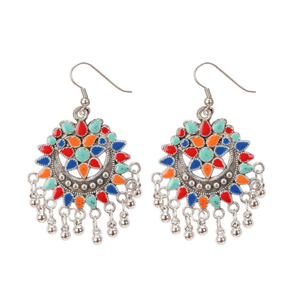 Generic Women's Oxidize Silver plated Hook Dangler Hanging Afgani Earrings-Multicolour