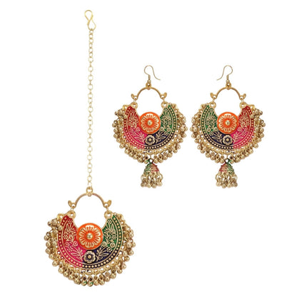 Generic Women's Gold Oxidized Earrings and Maang Tikka-Multi