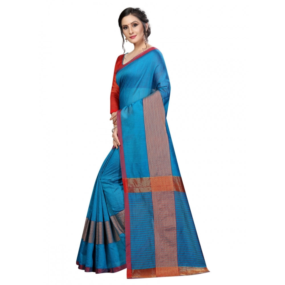 Women's Cotton Saree With Blouse (Sky Blue, 5-6 Mtrs)