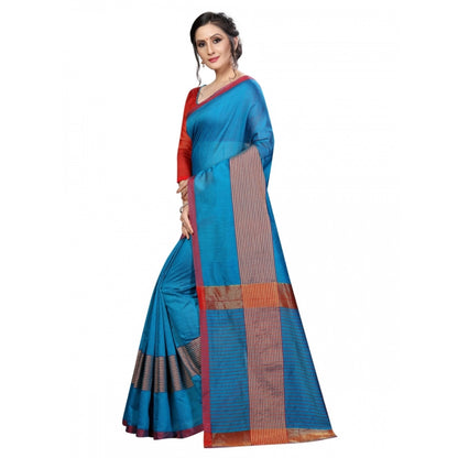 Women's Cotton Saree With Blouse (Sky Blue, 5-6 Mtrs)